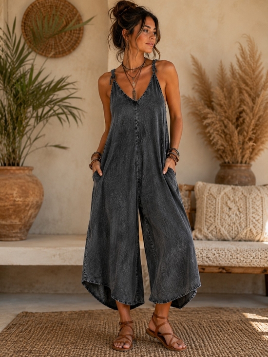 Zenana Outfitters Pants - Zenana Washed Black Wide-Leg V-Neck Jumpsuit with Pockets